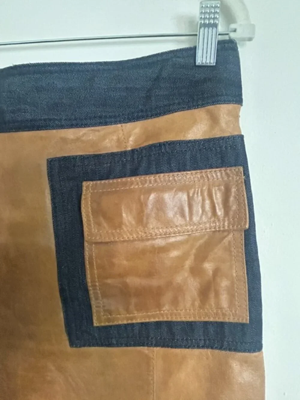 Michael Kors Genuine Leather and Denim Lined Pocket Side Zip Cargo Mini Skirt